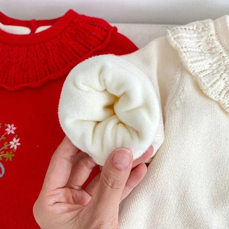 長袖ロンパース ベビー長袖ロンパース ニット裏フリース フラワー 花柄刺繍 フリルカラー レッド ベージュ 2カラー ガールズ 女の子 子供服