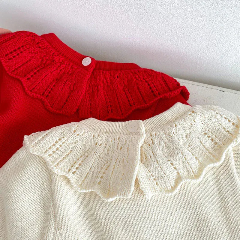 長袖ロンパース ベビー長袖ロンパース ニット裏フリース フラワー 花柄刺繍 フリルカラー レッド ベージュ 2カラー ガールズ 女の子 子供服
