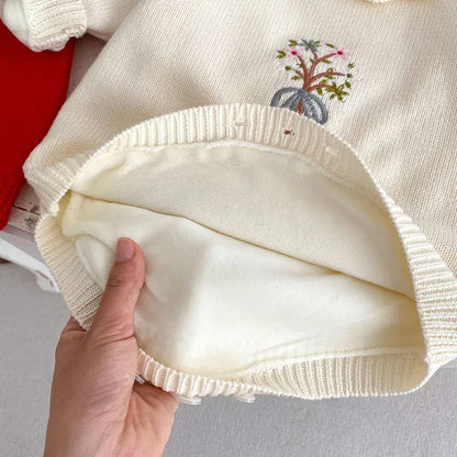 長袖ロンパース ベビー長袖ロンパース ニット裏フリース フラワー 花柄刺繍 フリルカラー レッド ベージュ 2カラー ガールズ 女の子 子供服