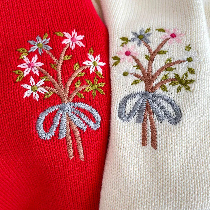 長袖ロンパース ベビー長袖ロンパース ニット裏フリース フラワー 花柄刺繍 フリルカラー レッド ベージュ 2カラー ガールズ 女の子 子供服