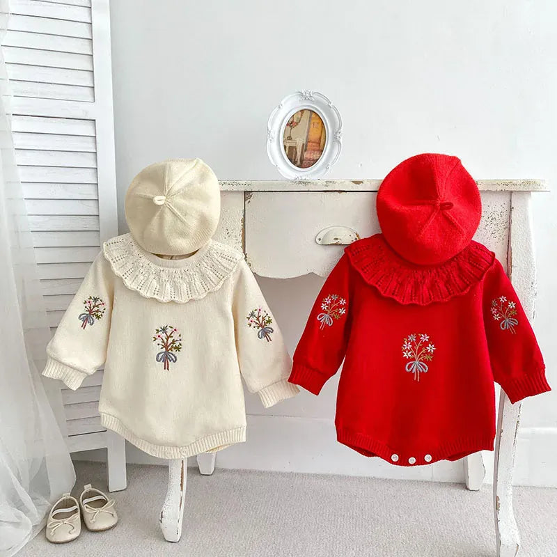 長袖ロンパース ベビー長袖ロンパース ニット裏フリース フラワー 花柄刺繍 フリルカラー レッド ベージュ 2カラー ガールズ 女の子 子供服