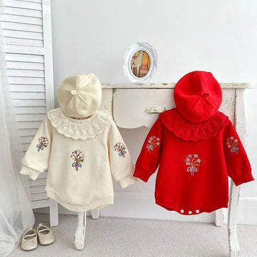 長袖ロンパース ベビー長袖ロンパース ニット裏フリース フラワー 花柄刺繍 フリルカラー レッド ベージュ 2カラー ガールズ 女の子 子供服