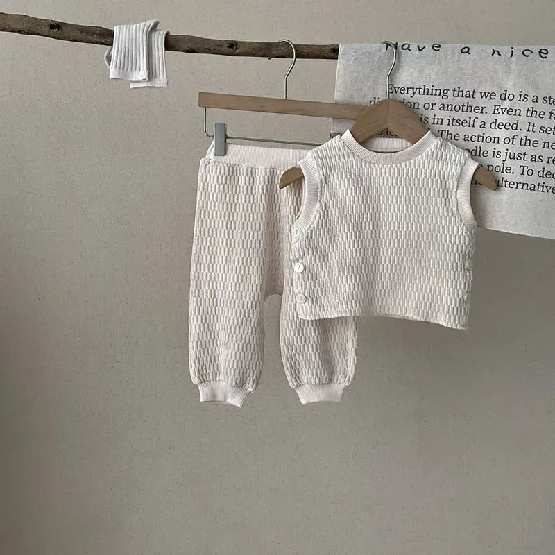 ノースリーブセットアップ ベビーセットアップ 2点セット ニットベスト ロングパンツ ベージュ ボーイズ 男の子 子供服
