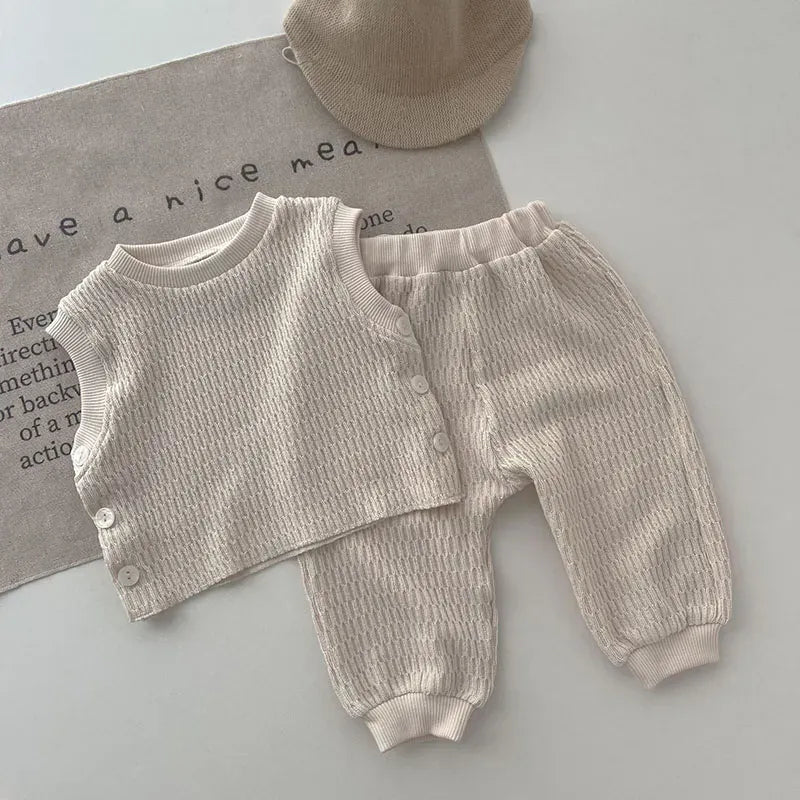 ノースリーブセットアップ ベビーセットアップ 2点セット ニットベスト ロングパンツ ベージュ ボーイズ 男の子 子供服