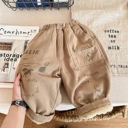 ロングパンツ・スウェットパンツ キッズパンツ 裏フリース アニマルプリント ロングパンツ 暖パン カーキ ブルー 2カラー ボーイズ 男の子 子供服