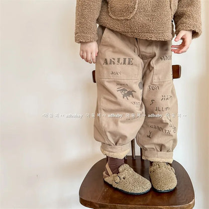 ロングパンツ・スウェットパンツ キッズパンツ 裏フリース アニマルプリント ロングパンツ 暖パン カーキ ブルー 2カラー ボーイズ 男の子 子供服