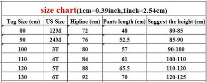 サイズ表（cm）タグ80〜130：USサイズ、股下、パンツ丈、対象身長の目安