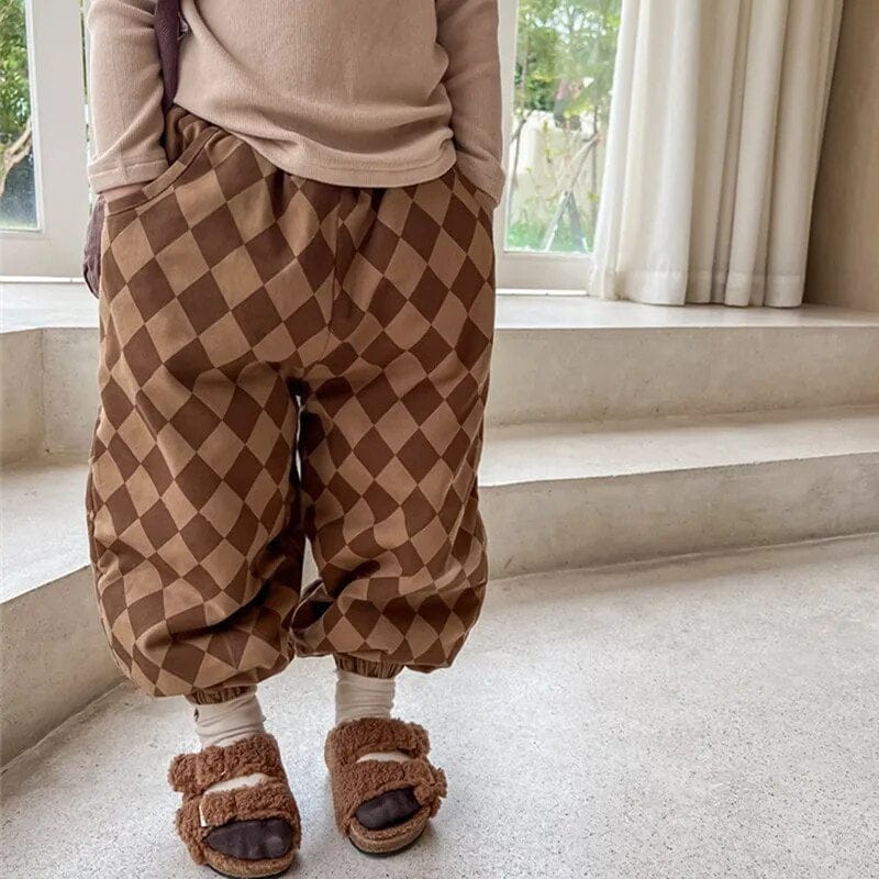 ロングパンツ・スウェットパンツ キッズパンツ ダイヤチェック ロングパンツ 暖パン ブラック ブラック 2カラー ユニセックス 男の子 女の子 子供服