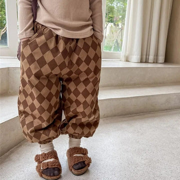 ロングパンツ・スウェットパンツ キッズパンツ ダイヤチェック ロングパンツ 暖パン ブラック ブラック 2カラー ユニセックス 男の子 女の子 子供服
