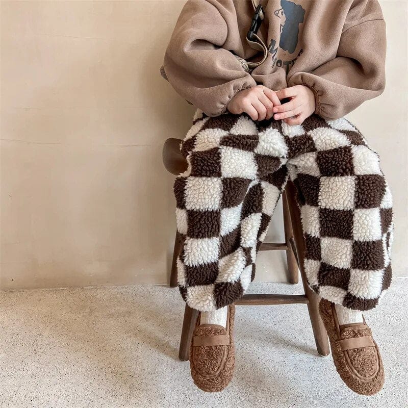 ロングパンツ・スウェットパンツ キッズパンツ チェッカー チェック ボアフリース パンツ ブラウン コーヒー 2カラー ユニセックス 男の子 女の子 子供服