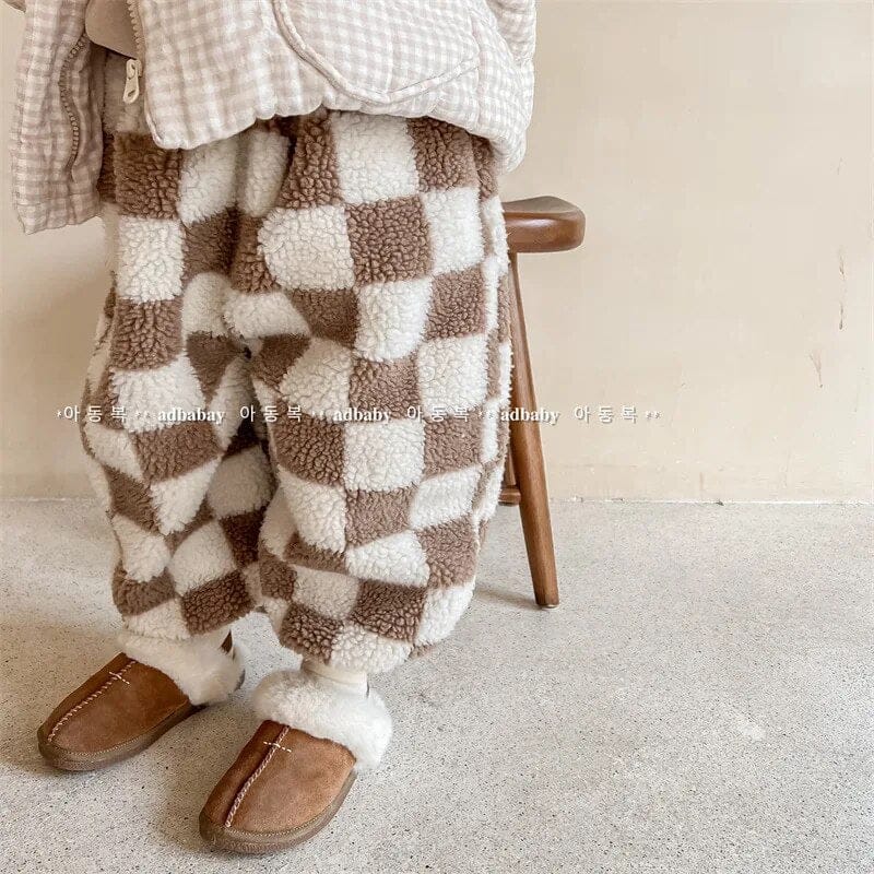 ロングパンツ・スウェットパンツ キッズパンツ チェッカー チェック ボアフリース パンツ ブラウン コーヒー 2カラー ユニセックス 男の子 女の子 子供服