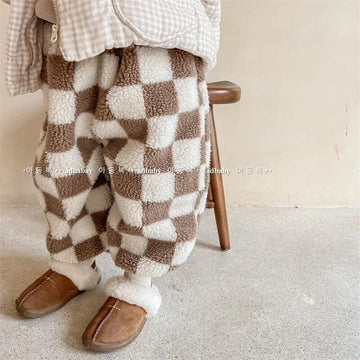 ロングパンツ・スウェットパンツ キッズパンツ チェッカー チェック ボアフリース パンツ ブラウン コーヒー 2カラー ユニセックス 男の子 女の子 子供服