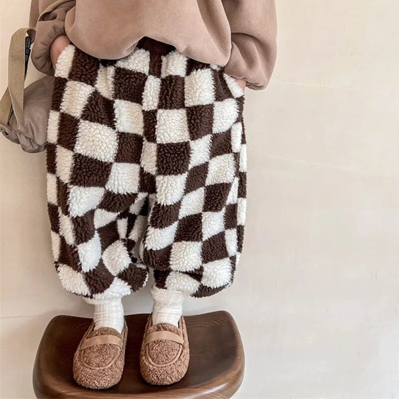 ロングパンツ・スウェットパンツ キッズパンツ チェッカー チェック ボアフリース パンツ ブラウン コーヒー 2カラー ユニセックス 男の子 女の子 子供服