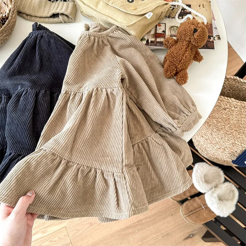 長袖ワンピース キッズ 長袖ワンピース コーデュロイ ドレスワンピース カーキ ネイビーブルー 2カラー ガールズ 女の子 子供服