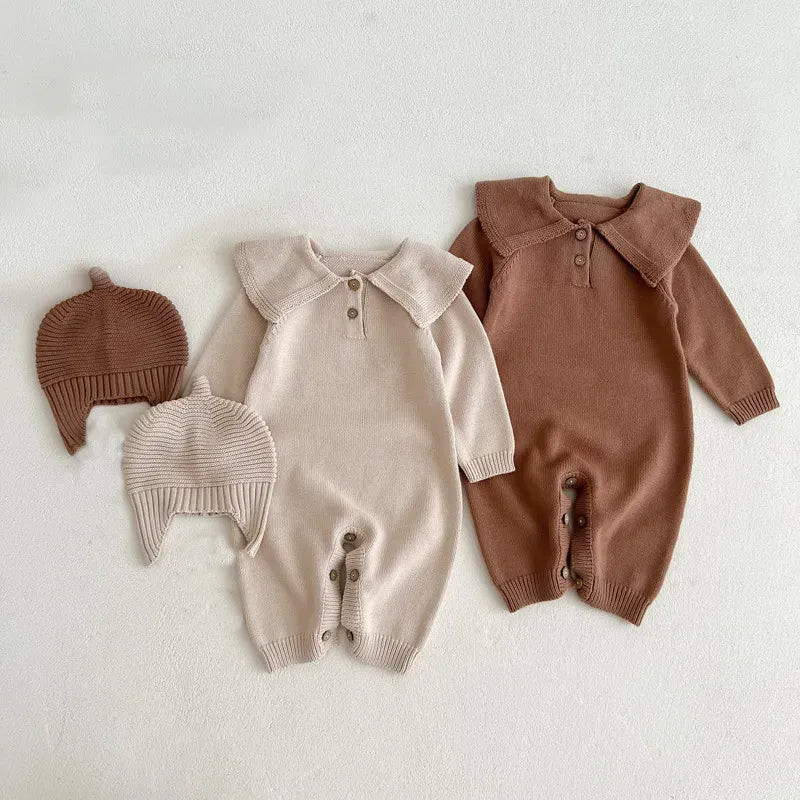 長袖ロンパース ベビー 長袖ロンパース 帽子セット ニットジャンプスーツ 襟付き ニットキャップ ニット帽 ブラウン ベージュ 2カラー ユニセックス 男の子 女の子 子供服