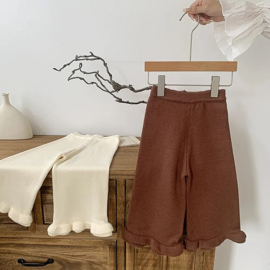 ロングパンツ・スウェットパンツ キッズ ニットパンツ フリルワイドパンツ ルーズパンツ コーヒー ベージュ 2カラー ガールズ 女の子 子供服