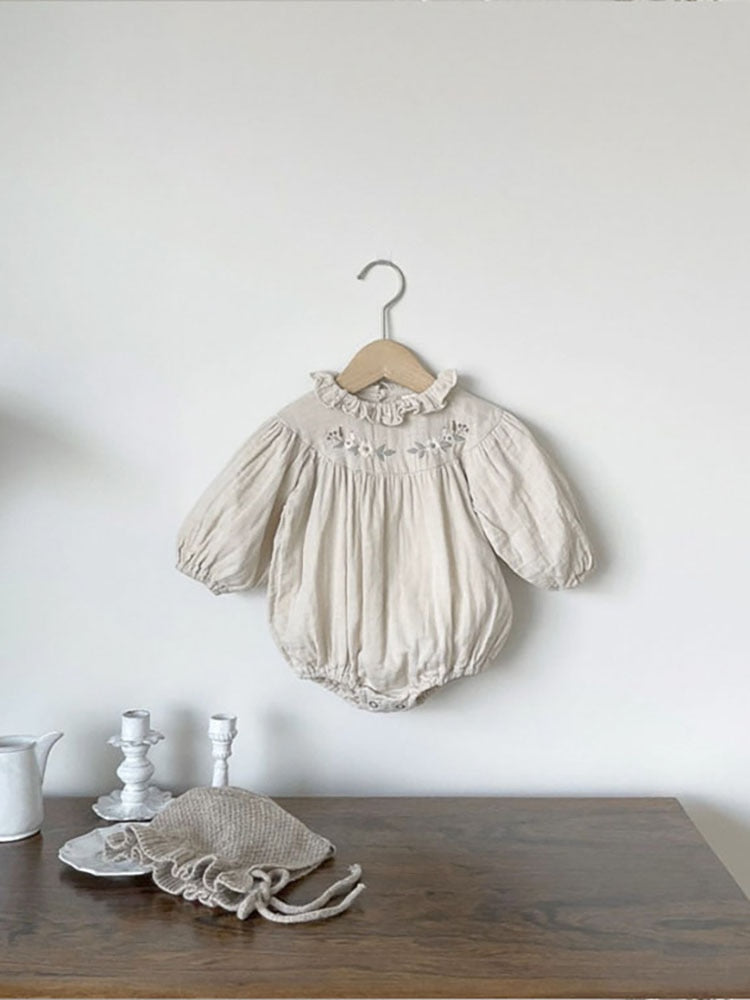 長袖ロンパース ベビー 長袖ロンパース フラワー刺繍 花柄 フリルカラー フリル クリーム グレー 2カラー ガールズ 女の子 子供服