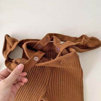 サロペットパンツ・サスペンダーパンツ ベビー キッズ サスペンダーパンツ ニット フリルショルダー サロペットパンツ ワイド フレアパンツ ベージュ ブラウン 2カラー ガールズ 女の子 子供服