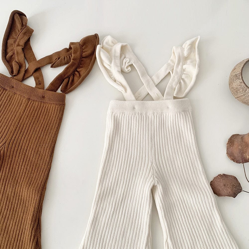 サロペットパンツ・サスペンダーパンツ ベビー キッズ サスペンダーパンツ ニット フリルショルダー サロペットパンツ ワイド フレアパンツ ベージュ ブラウン 2カラー ガールズ 女の子 子供服
