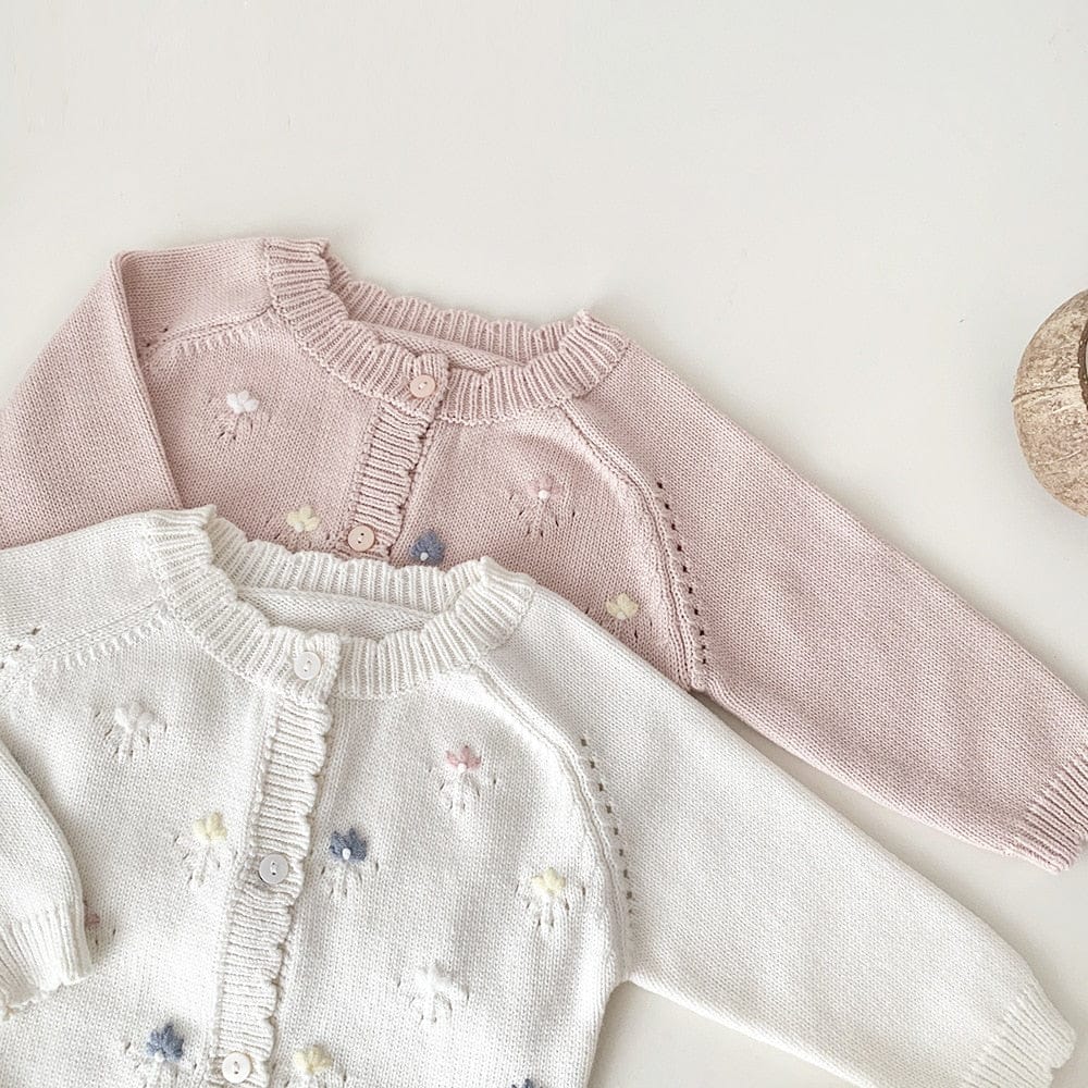 カーディガン・パーカー ベビー キッズ ニットカーディガン ジャケット フラワー 花柄 刺繍 アイボリー ピンク 2カラー ガールズ 女の子 子供服