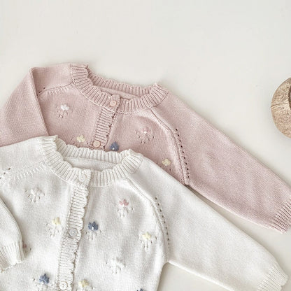 カーディガン・パーカー ベビー キッズ ニットカーディガン ジャケット フラワー 花柄 刺繍 アイボリー ピンク 2カラー ガールズ 女の子 子供服