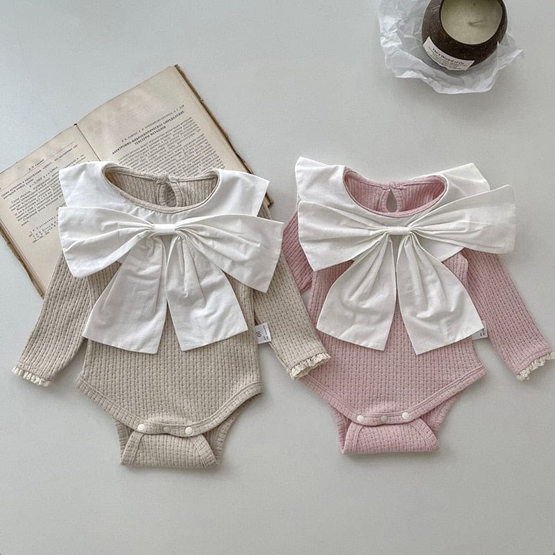 長袖ロンパース ベビー 長袖ロンパース ビッグリボン ニット ピンク カーキ 2カラー ガールズ 女の子 子供服