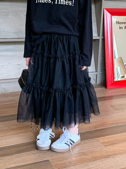 スカート キッズ チュチュスカート チュールスカート ボイル ティアードスカート プリンセススカート ブラック カーキ 2色 ガールズ 女の子