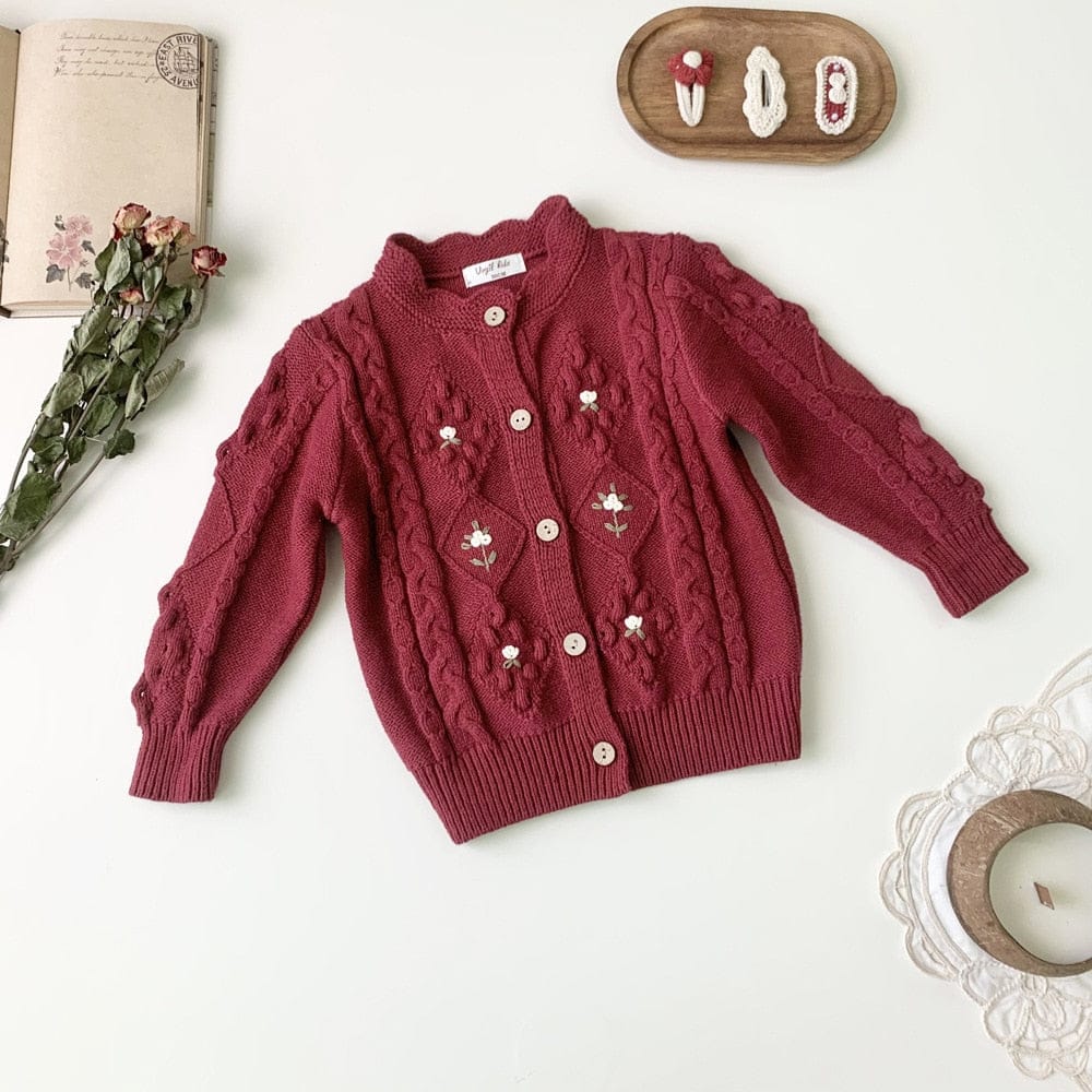 カーディガン・パーカー キッズ ニット フラワー 刺繍 カーディガン ジャケット ベージュ レッド 2色 ガールズ 女の子