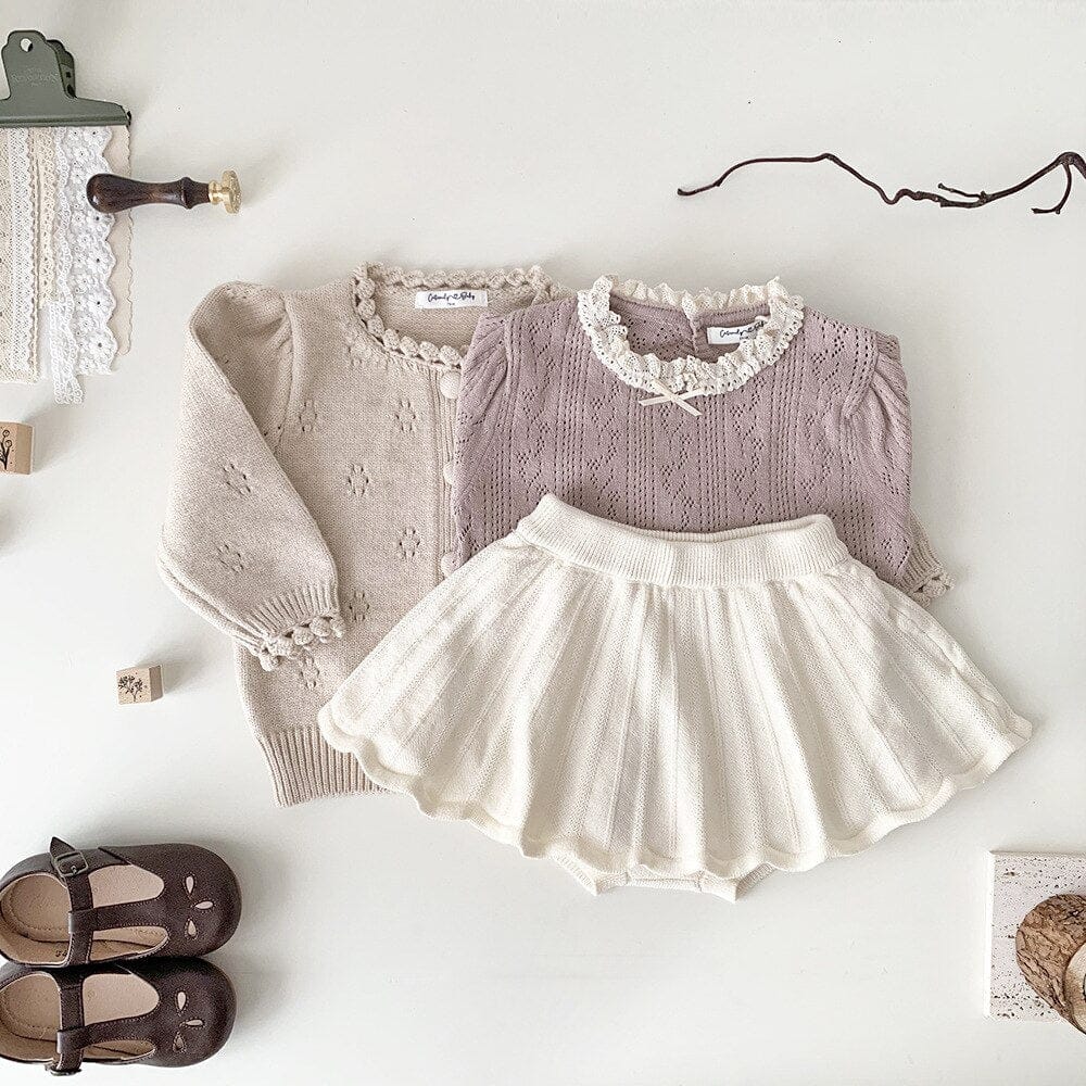 カーディガン・パーカー ベビー服 キッズ服 カーディガン ジャケット ニット レース パフスリーブ 紫 ベージュ 2色 女の子