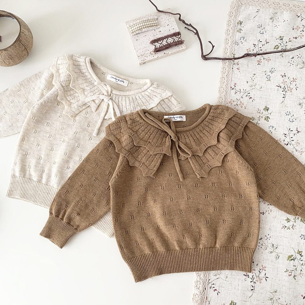 ニット・セーター ベビー服 キッズ服 長袖 ニット セーター カットソー フリル襟 リボン コーヒー ベージュ 2色 女の子