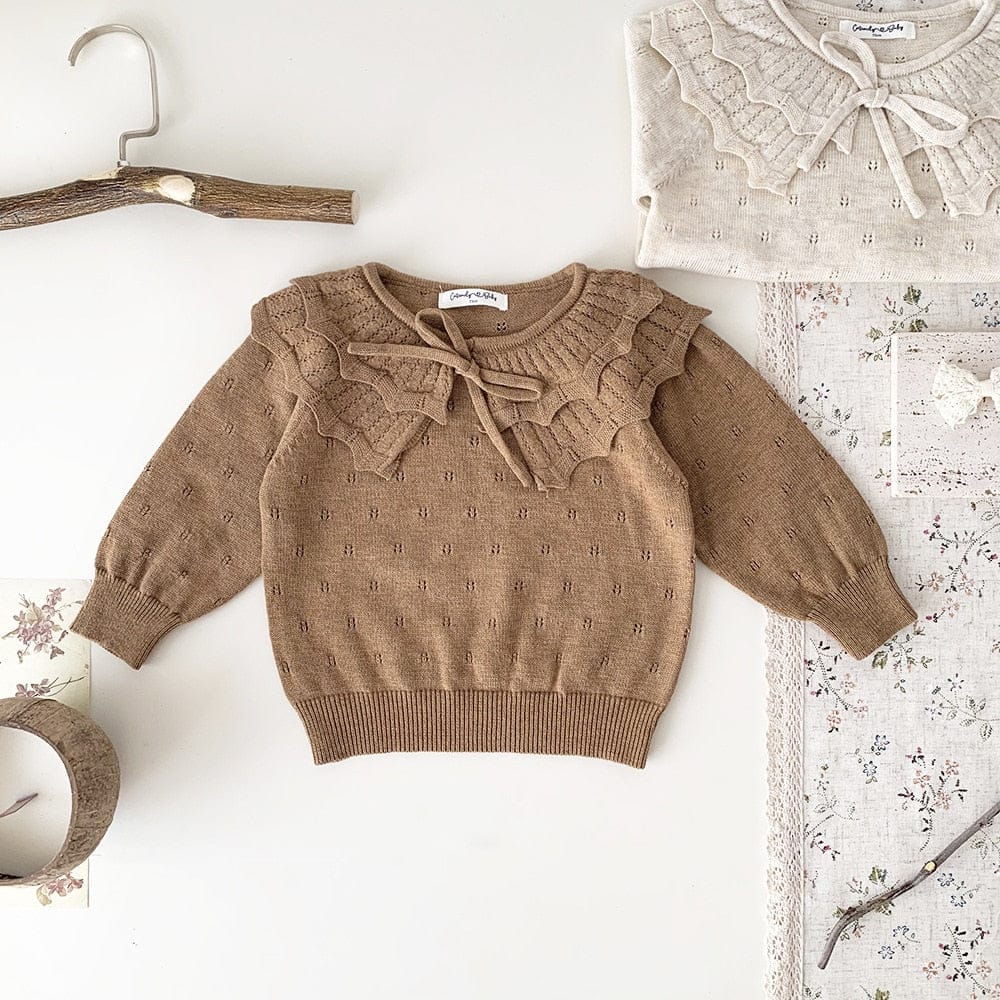 ニット・セーター ベビー服 キッズ服 長袖 ニット セーター カットソー フリル襟 リボン コーヒー ベージュ 2色 女の子