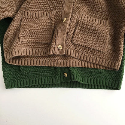 カーディガン・パーカー キッズ服 カーディガン ジャケット アウター ニット ルーズ ポケット 無地 茶色 緑 2色 男の子 女の子