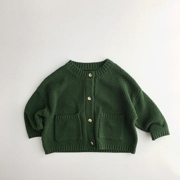 カーディガン・パーカー キッズ服 カーディガン ジャケット アウター ニット ルーズ ポケット 無地 茶色 緑 2色 男の子 女の子