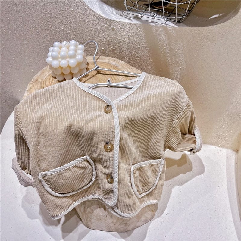 ショートコート・ジャケット・ジャンパー キッズ服 ジャケット コート アウター コーデュロイ バイピング 茶色 ベージュ 2色 男の子 女の子
