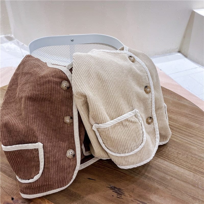 ショートコート・ジャケット・ジャンパー キッズ服 ジャケット コート アウター コーデュロイ バイピング 茶色 ベージュ 2色 男の子 女の子