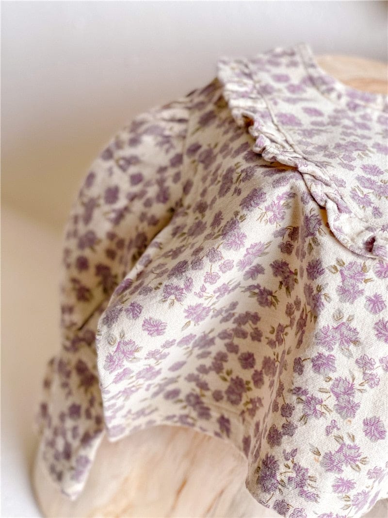 長袖シャツ・ブラウス キッズ服 長袖 チュニック ブラウス シャツ フラワー 花柄 フリル 茶色 紫 2色 女の子