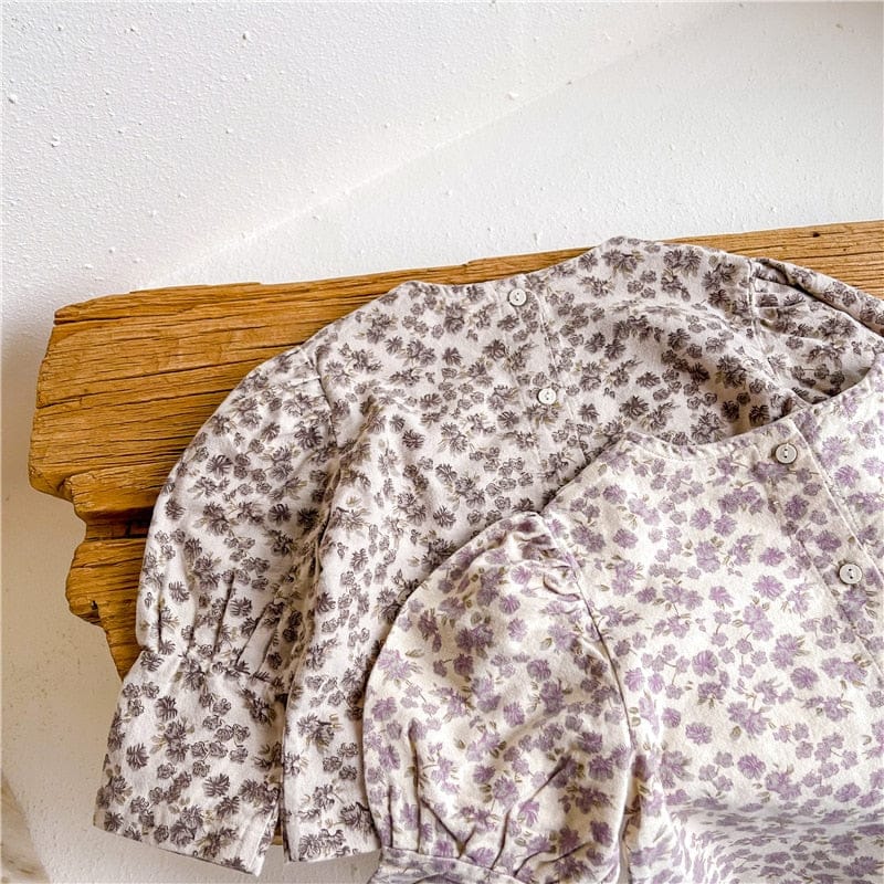 長袖シャツ・ブラウス キッズ服 長袖 チュニック ブラウス シャツ フラワー 花柄 フリル 茶色 紫 2色 女の子