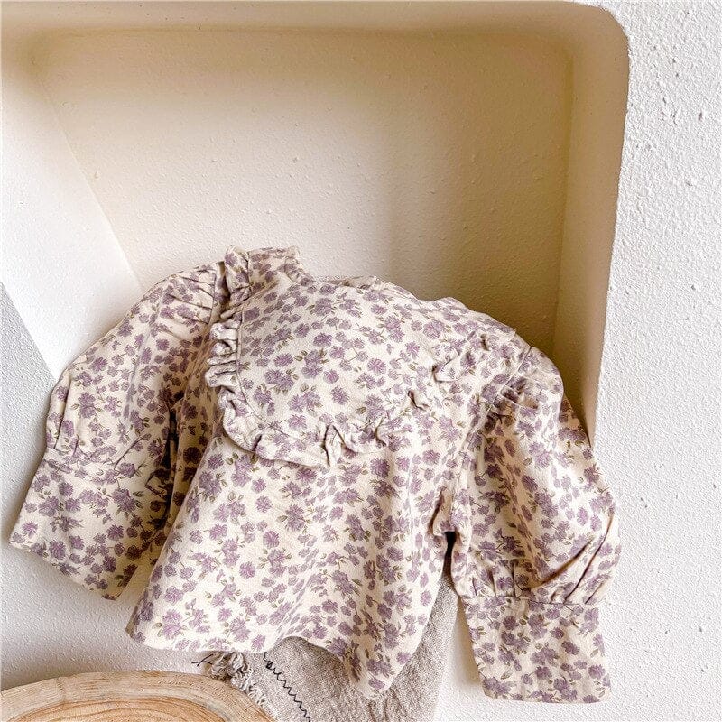 長袖シャツ・ブラウス キッズ服 長袖 チュニック ブラウス シャツ フラワー 花柄 フリル 茶色 紫 2色 女の子