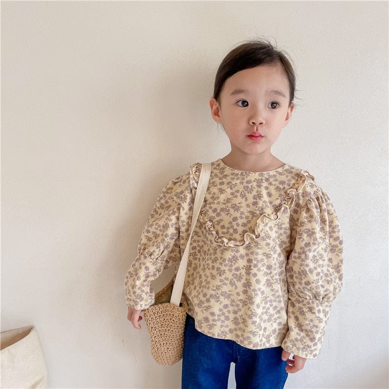 長袖シャツ・ブラウス キッズ服 長袖 チュニック ブラウス シャツ フラワー 花柄 フリル 茶色 紫 2色 女の子
