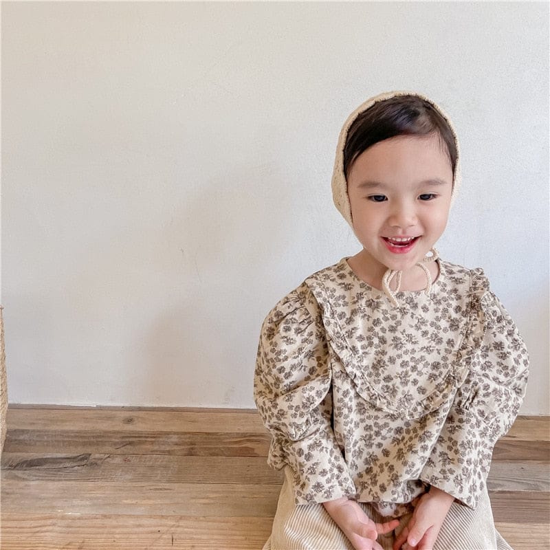 長袖シャツ・ブラウス キッズ服 長袖 チュニック ブラウス シャツ フラワー 花柄 フリル 茶色 紫 2色 女の子