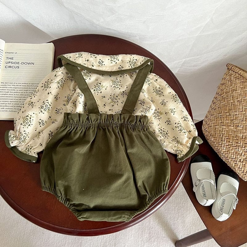 長袖セットアップ ベビー服 2点セット 長袖 ブラウス サスペンダーブルマ 丸襟 花柄 シャツ サロペット ブルマ セットアップ ベージュ 緑 女の子