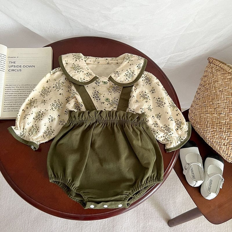 長袖セットアップ ベビー服 2点セット 長袖 ブラウス サスペンダーブルマ 丸襟 花柄 シャツ サロペット ブルマ セットアップ ベージュ 緑 女の子