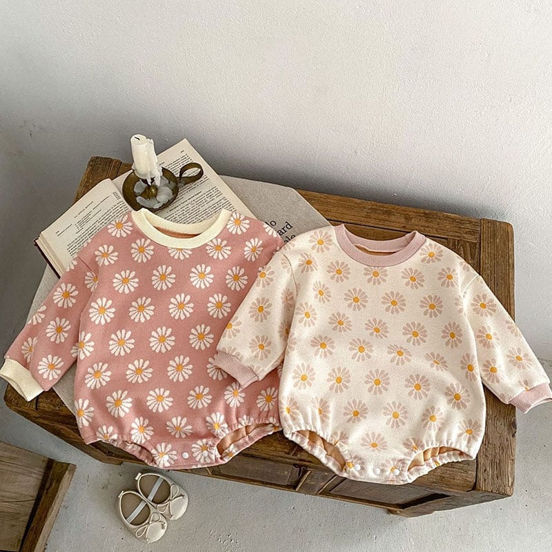 長袖ロンパース ベビー服 長袖 ロンパース レトロフラワー 花柄 ベージュ ピンク 2色 女の子