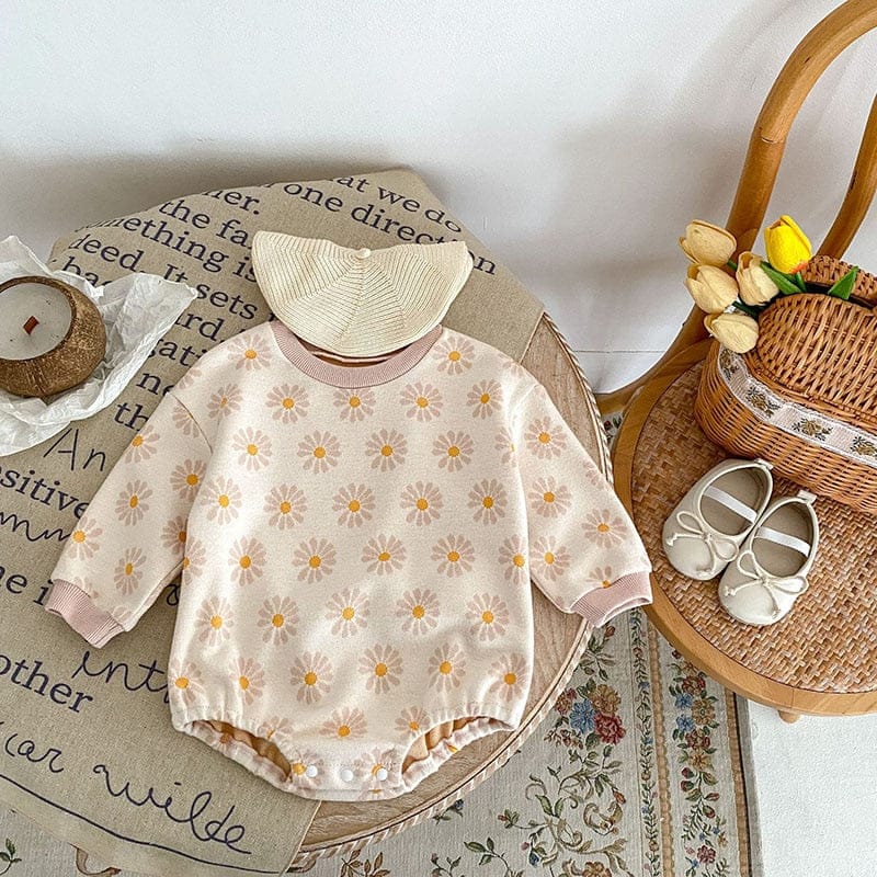 長袖ロンパース ベビー服 長袖 ロンパース レトロフラワー 花柄 ベージュ ピンク 2色 女の子