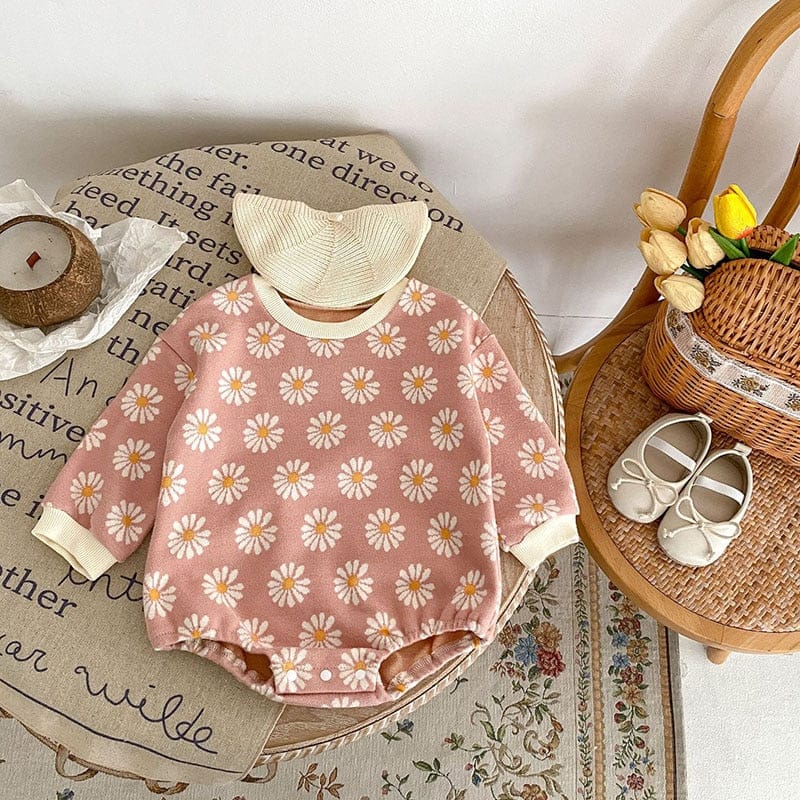 長袖ロンパース ベビー服 長袖 ロンパース レトロフラワー 花柄 ベージュ ピンク 2色 女の子