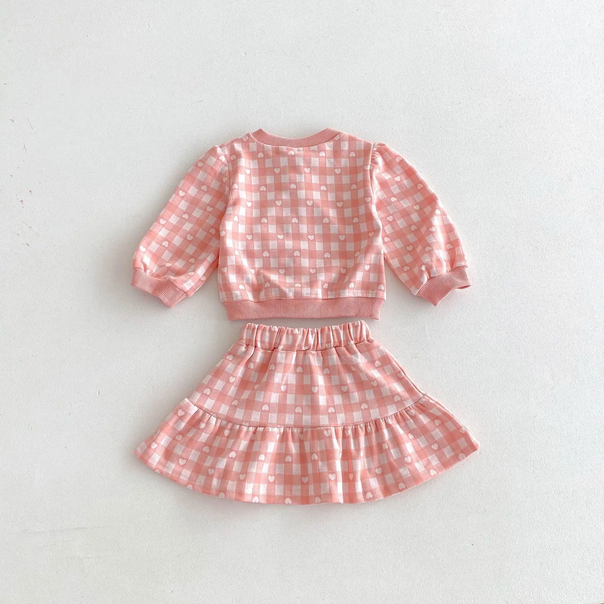 長袖セットアップ キッズセットアップ 2点セット ハートチェック長袖カーディガントップス+スカート 2カラー