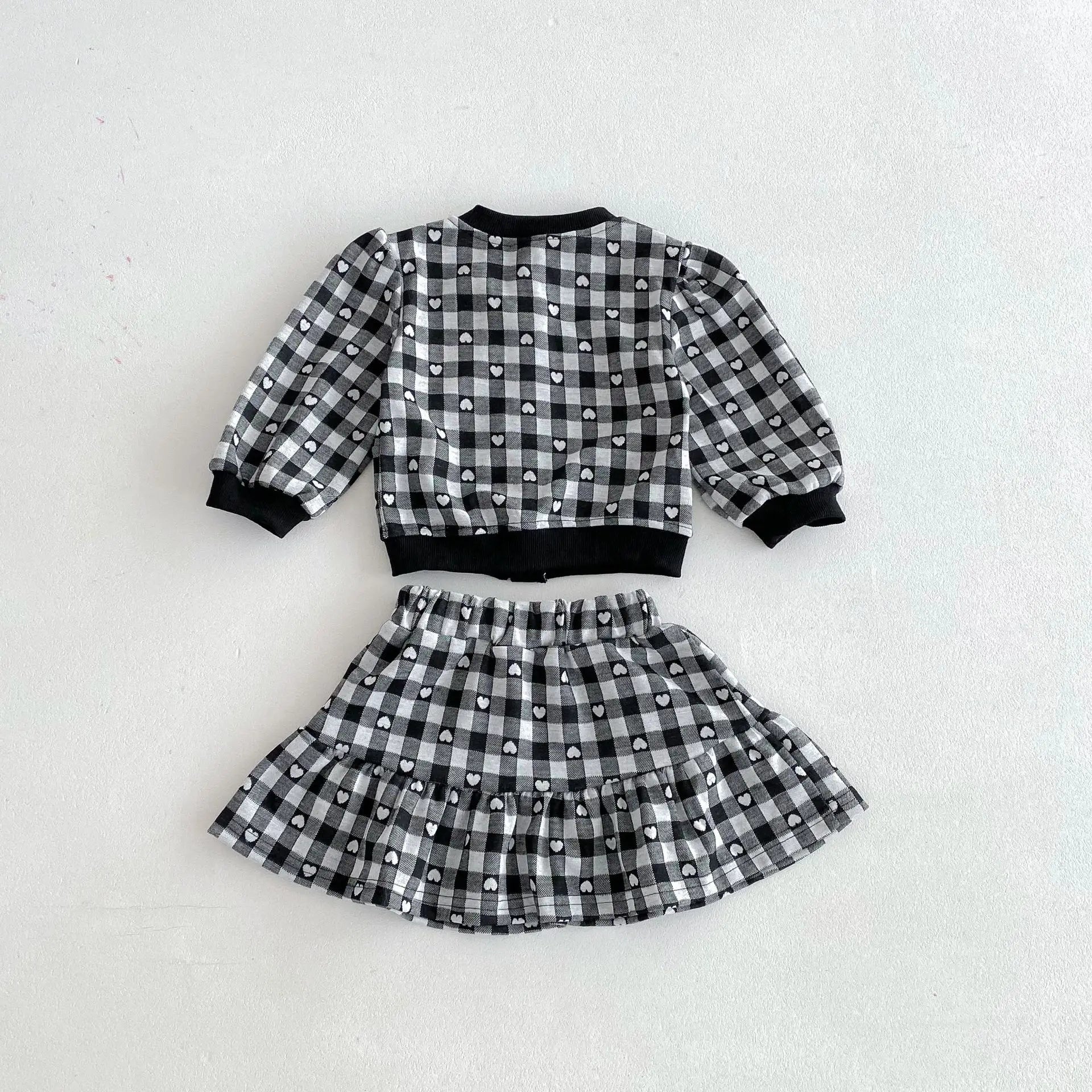長袖セットアップ キッズセットアップ 2点セット ハートチェック長袖カーディガントップス+スカート 2カラー