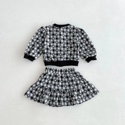 長袖セットアップ キッズセットアップ 2点セット ハートチェック長袖カーディガントップス+スカート 2カラー