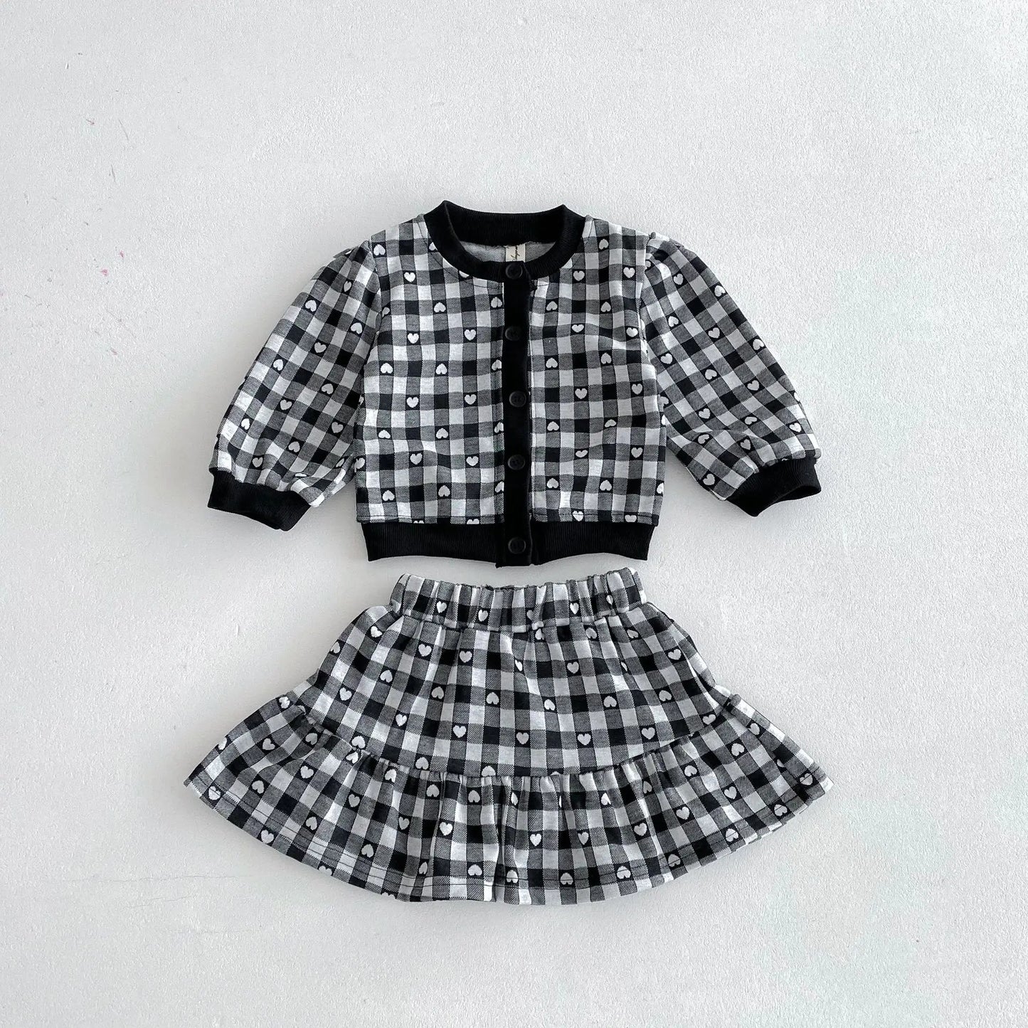長袖セットアップ キッズセットアップ 2点セット ハートチェック長袖カーディガントップス+スカート 2カラー