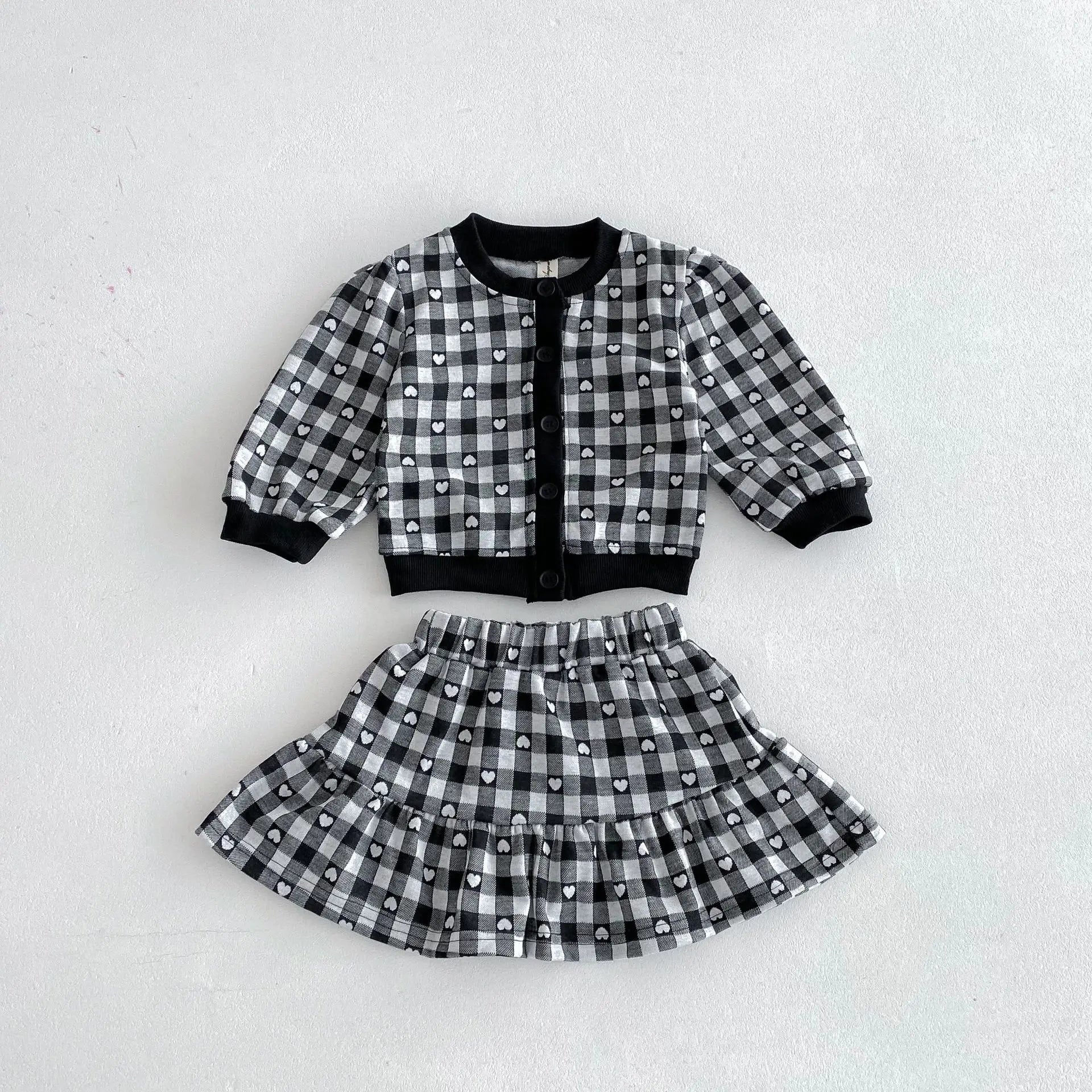 長袖セットアップ キッズセットアップ 2点セット ハートチェック長袖カーディガントップス+スカート 2カラー